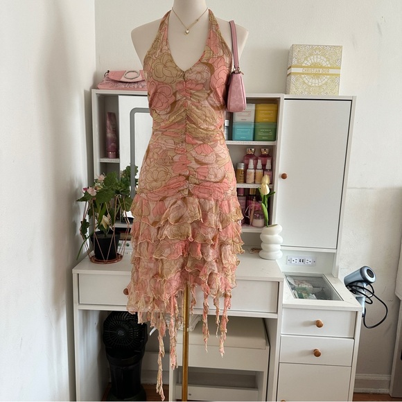 Vintage Floral Halter Dress with Ruffle Skirt